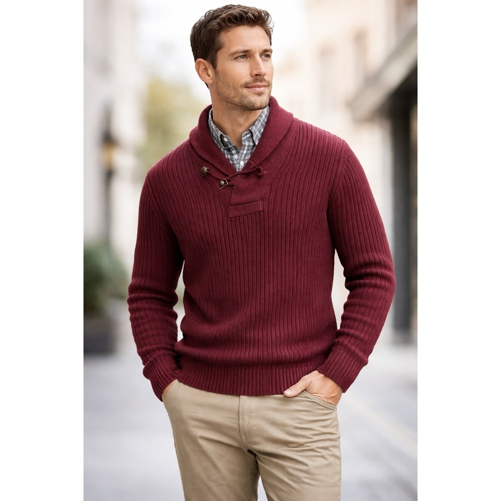 Duluth Trading Brigadier Shawl Collar Sweater Mens L Burgundy Ribbed Cotton Wool